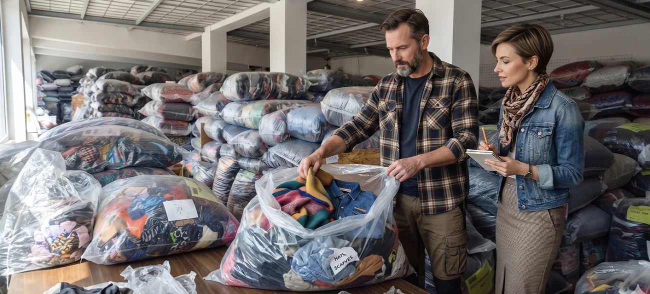 kobieta i mężczyzna sprawdzają zawartość worków z odzieżą