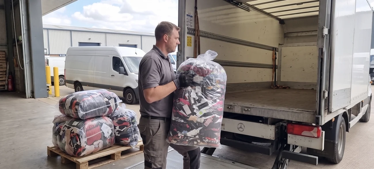 mężczyzna pakuje worki z odzieżą do ciężarówki